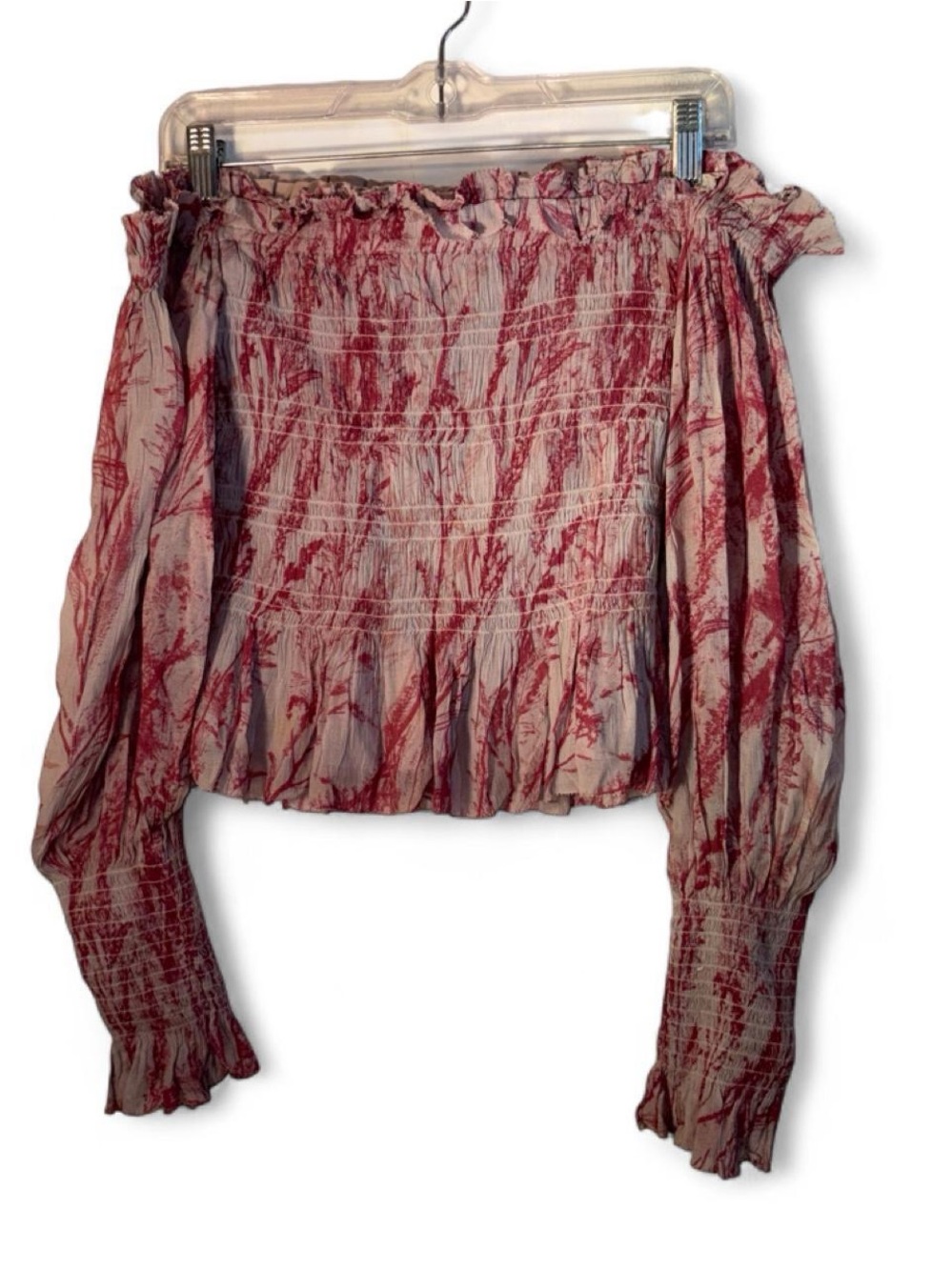 All Saints Off-Shoulder Smocked Blouse in Dusty Pink and Cream - Picture 2 of 8